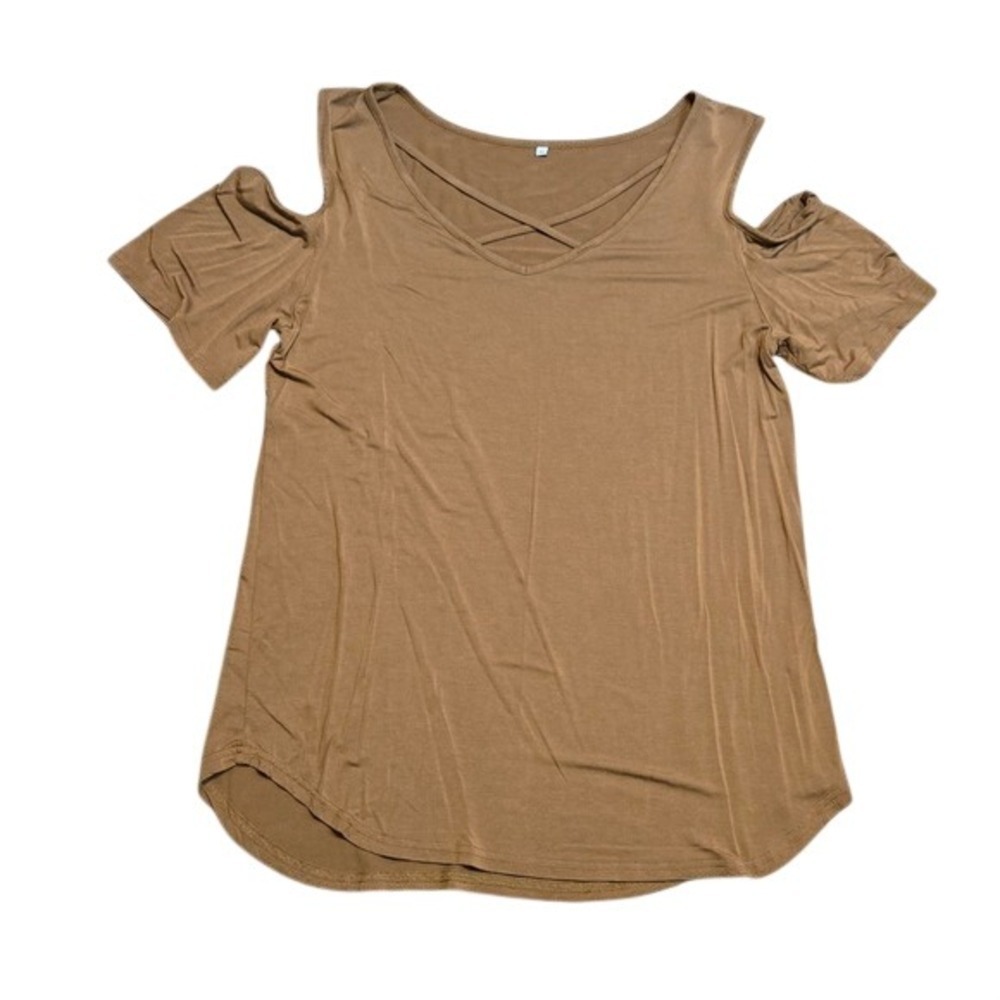 Dark Tan Brown Cold Shoulder Top Med Perfect for Layering Closet Basic Essential